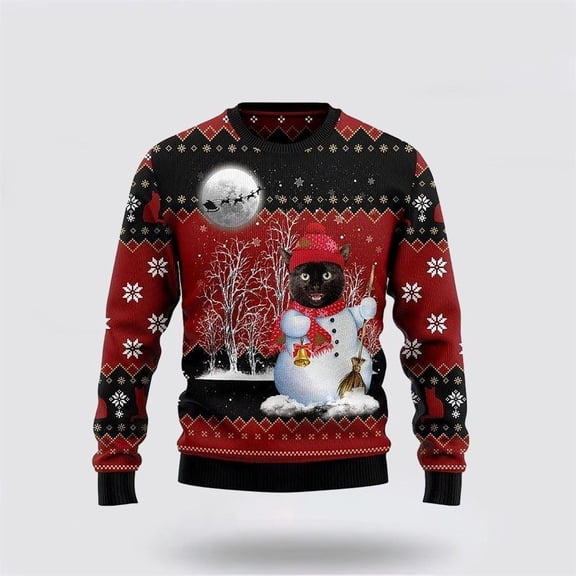 Black Cat Snowman Ugly Christmas Sweater – Cat Lover Christmas Sweater