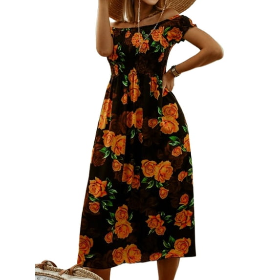 Uhndy Floral Beach Sun Dress for Women Boho Long Maxi Dress Cold Shoulder Flowy Casual Shirt Dress