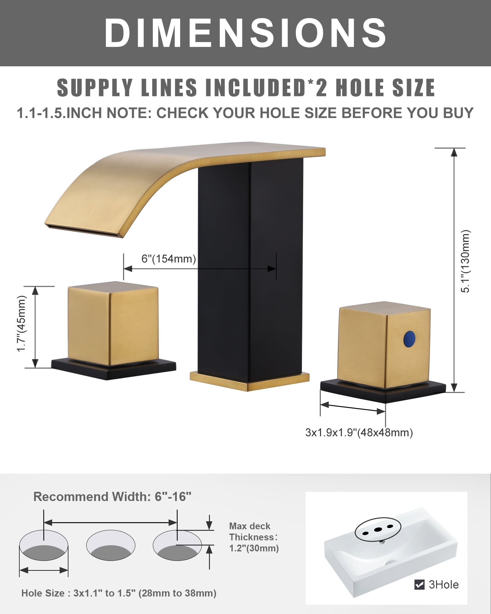 Wowow 8 in. Widespread Double Switch Waterfall Bathroom Faucet with Pop-up Drain in Black and Gold