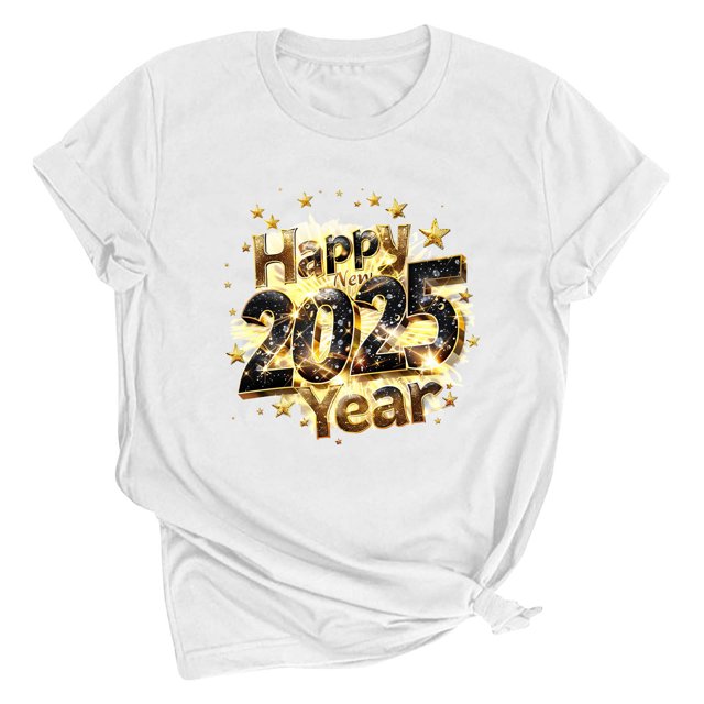 Amzcrzy Womens Tops Spring Summer Fashion Loose Fitting Pullover Versatile Shirts Happy New Year Graphics Printing Round Neck Short Sleeve Tops