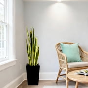 Artificial Snake Plant in Black Planter – Realistic Fake Snake Plant, Evergreen Faux Plant for Living Room Bedroom Entryway