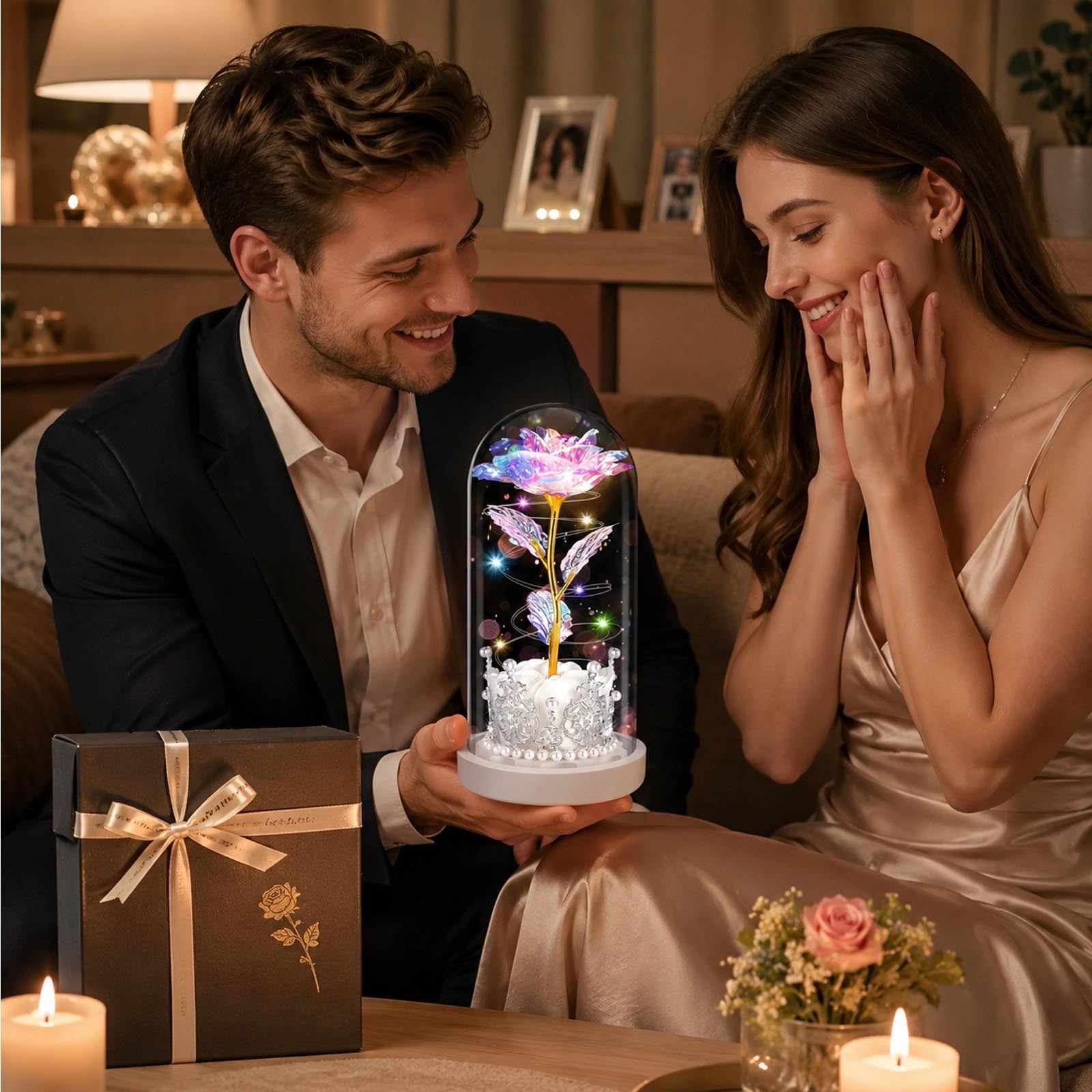 Preserved Rose Glass Dome LED Night Light Valentine Romantic Home Decor Gift