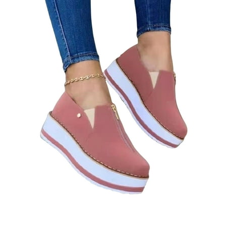 

Welliumy Womens Walking Shoes Platform Casual Shoe Slip On Loafers Office Work Zipper Comfort Pink 7