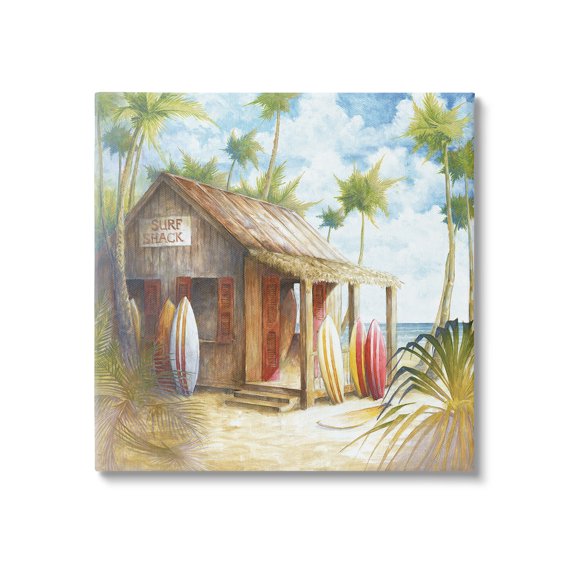 Stupell Industries Summer Surf Shack Landscape Painting Gallery Wrapped Canvas Art Print Wall Art, 17 x 17