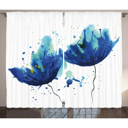 Blue Curtains 2 Panels Set Watercolor Style Effect Floral Design