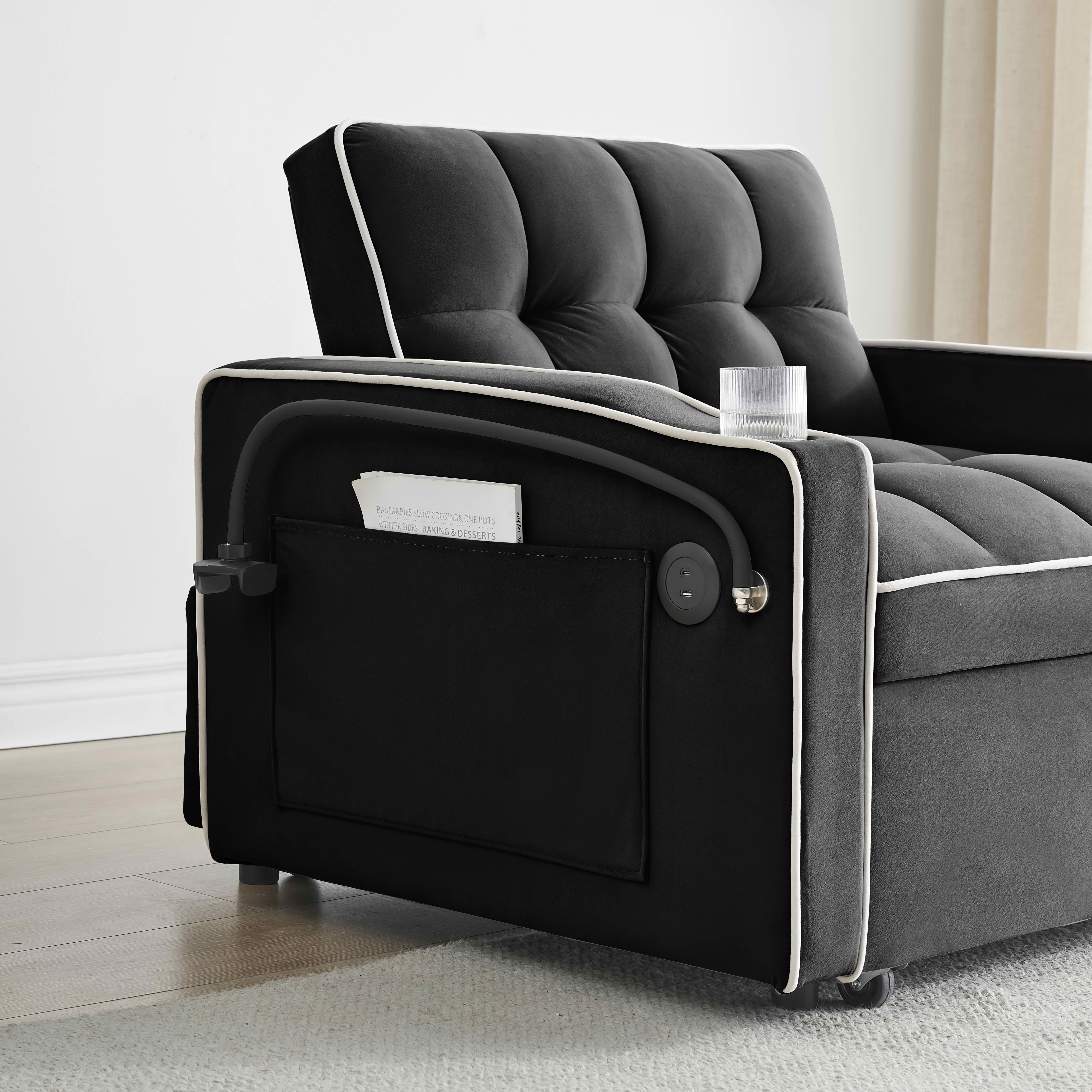 MAYEERTY Black Velvet Foldable Single Sofa Bed, Adjustable Back Pull-Out Couch with USB Port, Ashtray & Swivel Phone Stand Eucalyptus Wood Frame
