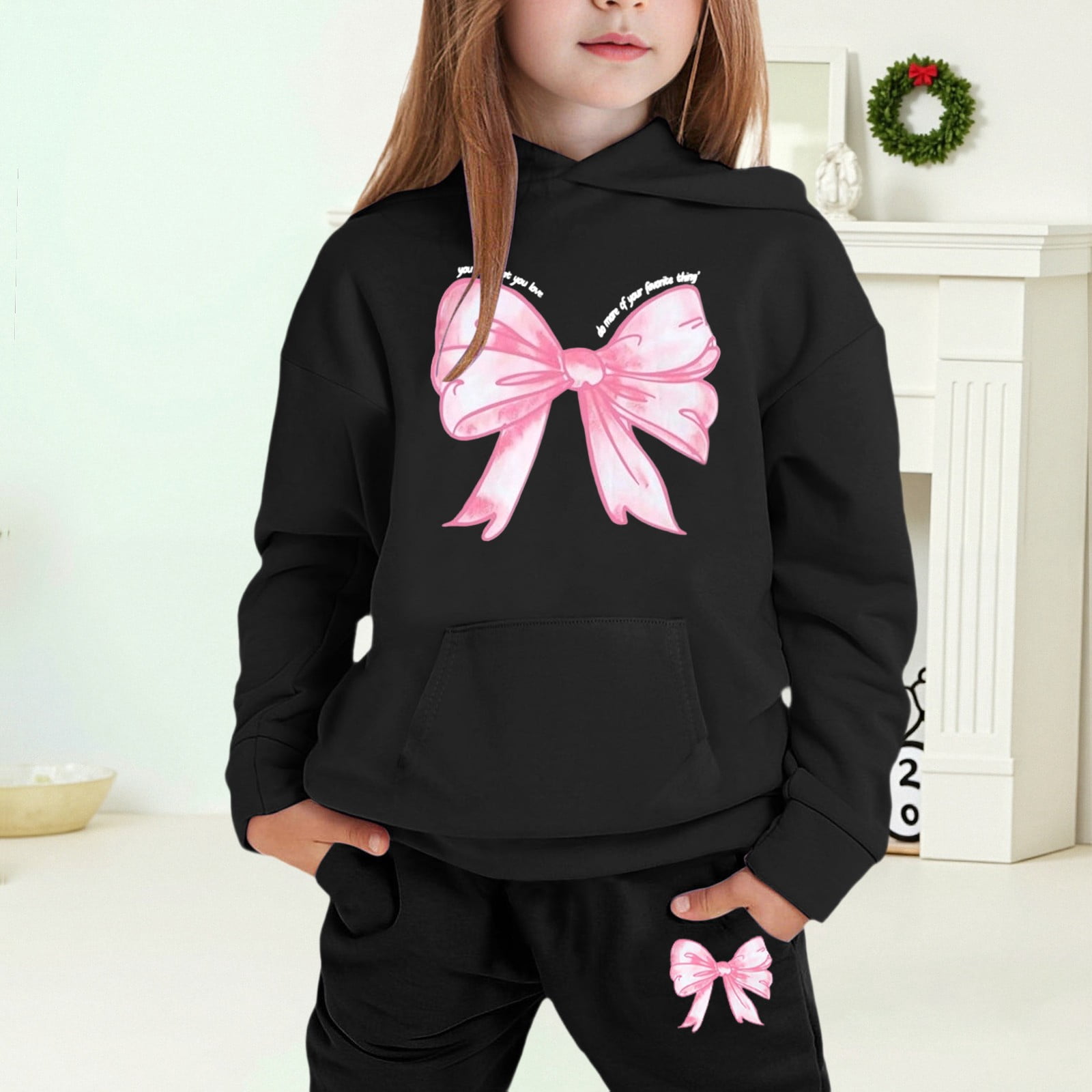 Outfits for Girls Winter Hoodie Joggers Pants Sets Bowknot Print Fall Clothing Sets