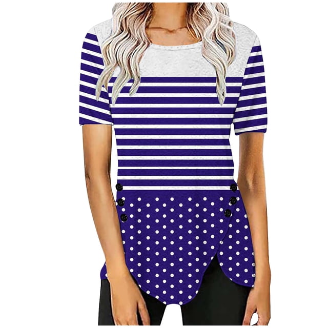 Blusas de Manga Corta para las Mujeres, Botón Impreso Casual Abajo Cuello Redondo Superior, Tela de Imitación Ligera