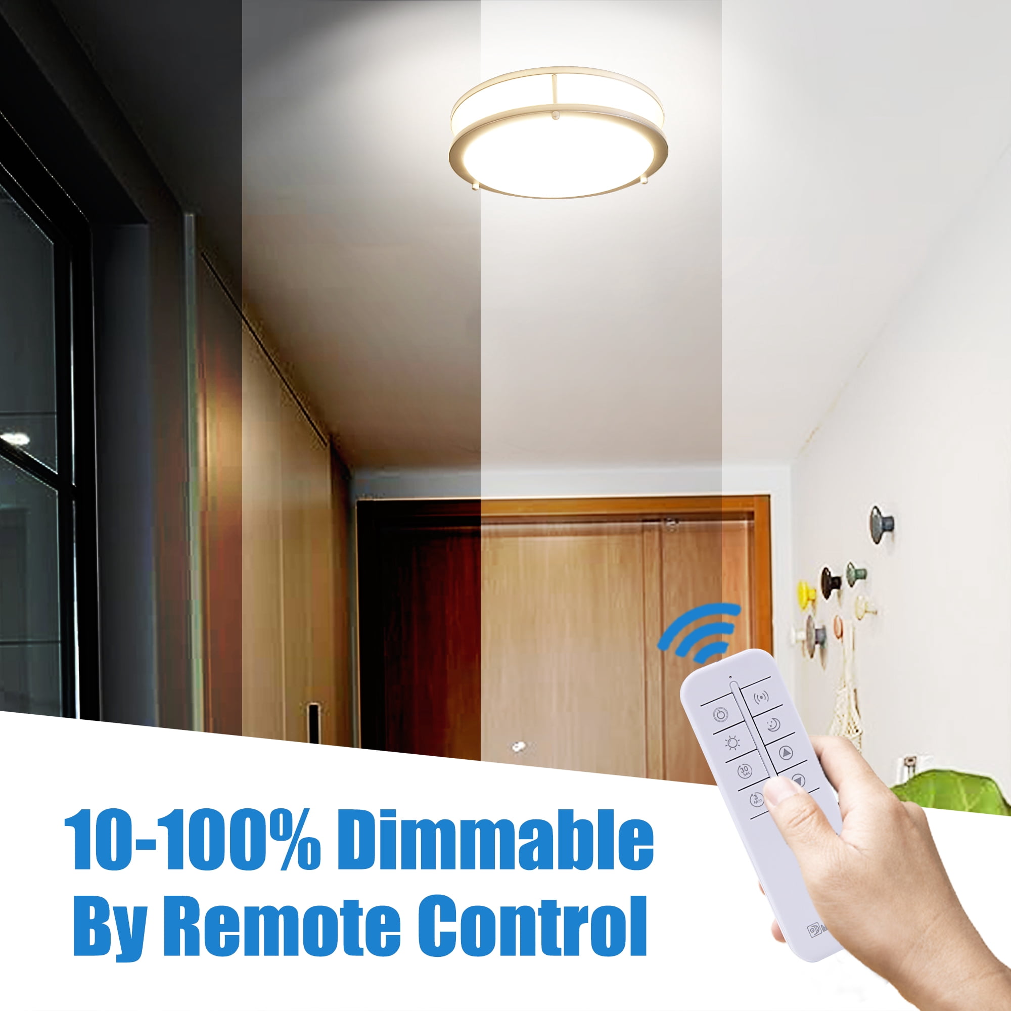 MingBright Modern LED Flush Mount Ceiling Light Fixture with Remote 12-Inch Round Close to Ceiling Light, Dimmable Ceiling Light for Kitchen, Living Room, Bedroom, Garage Hallway 4000K White