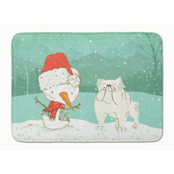 White English Bulldog Snowman Christmas Machine Washable Memory Foam Mat