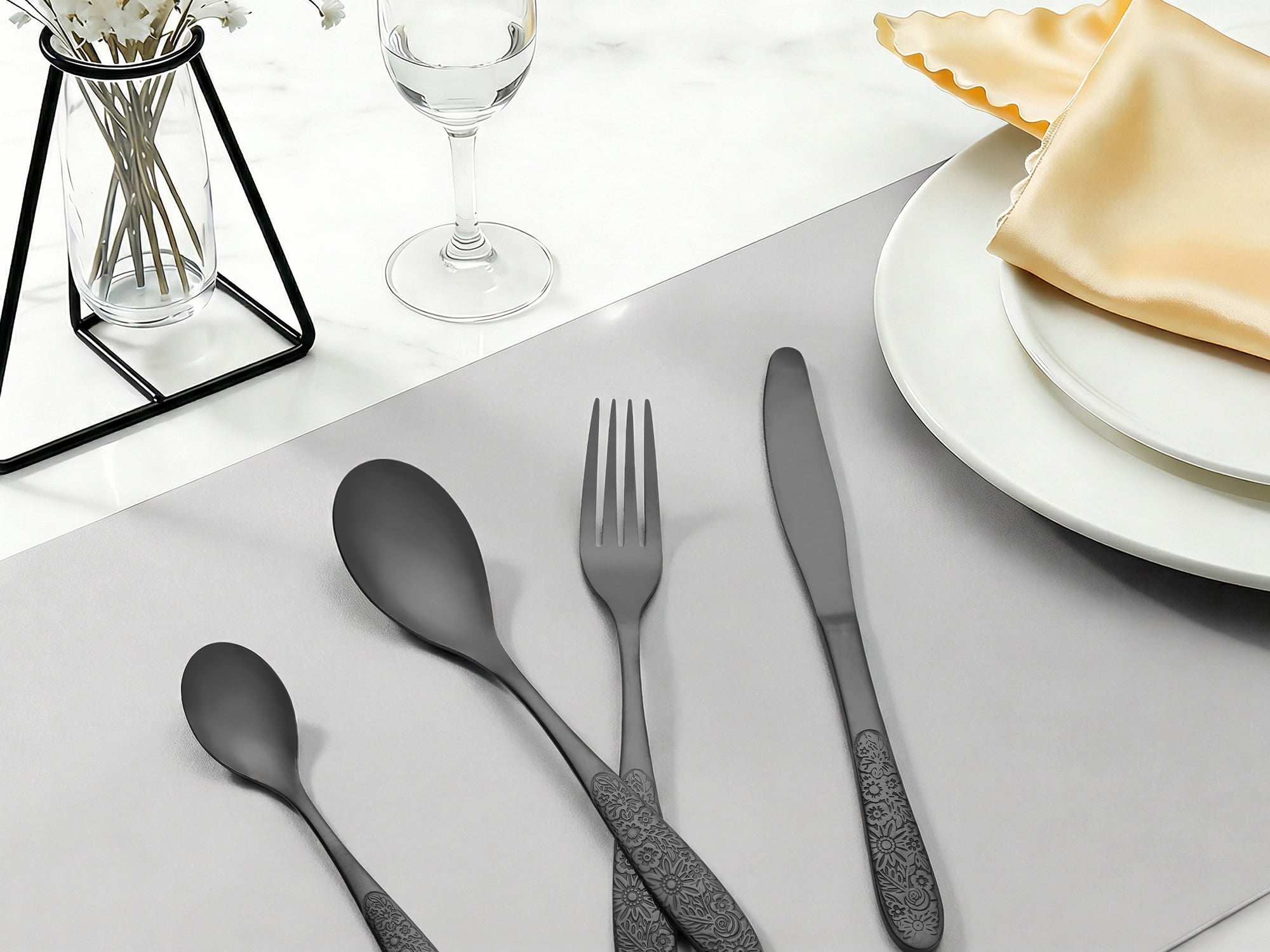 Unique Bargains 4 Piece Stainless Steel Floral Flatware Black 4