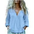 thumbnail image 2 of Endives Cotton Linen Shirts For Women V Neck Long Sleeve T Shirt Tee Casual Thin Breathable Blouses Summer Vacation Tops Light Blue, 2 of 7