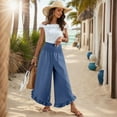 thumbnail image 4 of RPVATI Womens Linen Wide Leg Pants Dressy Casual Elastic Waist Ruffle Hem Smocked Palazzo Pants Summer Boho Flowy Beach Cropped Lounge Trousers with Pockets Blue M, 4 of 8