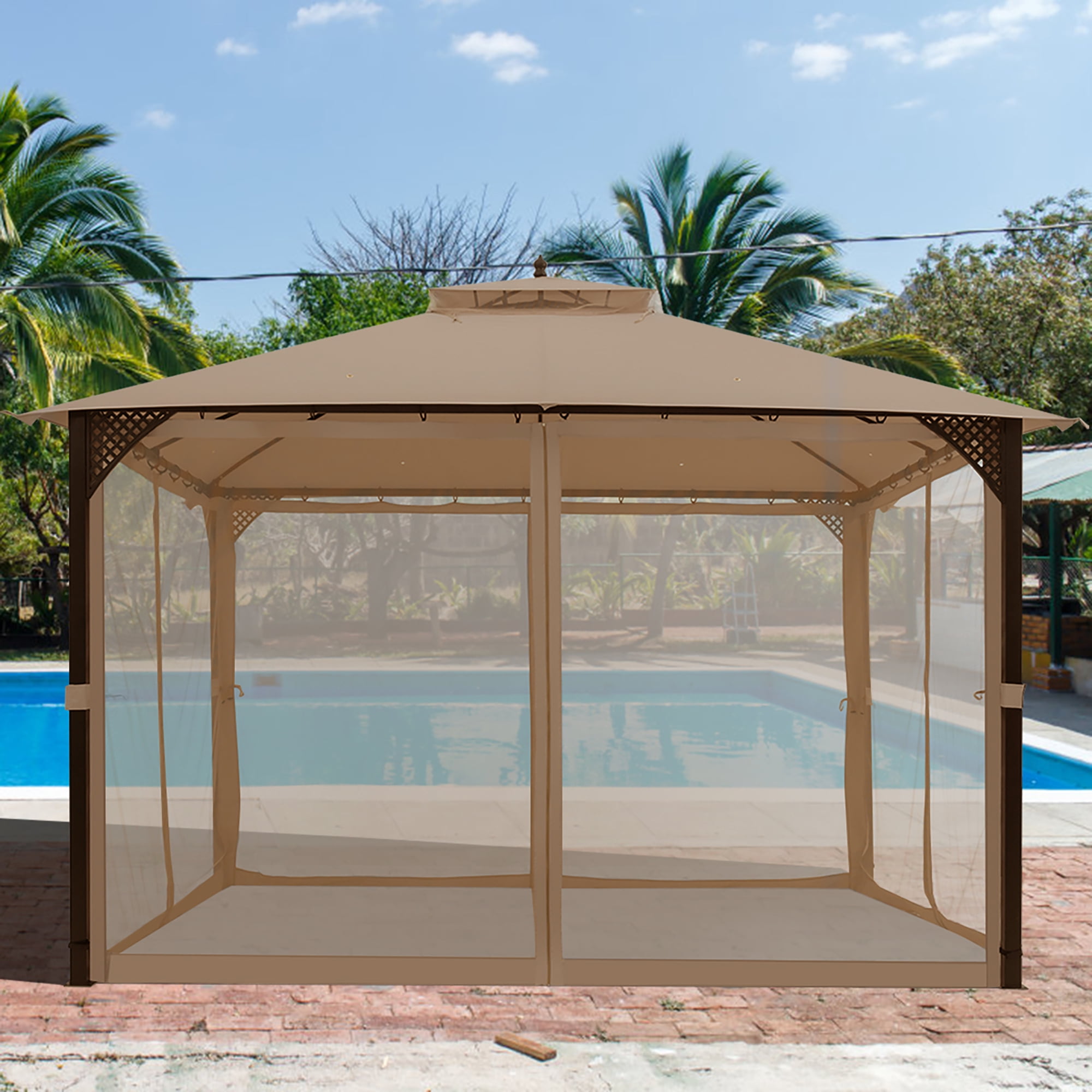 Costway 12' x 10' Outdoor Patio Gazebo Canopy Shelter Double Top Sidewalls Netting Brown