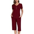 thumbnail image 2 of Njagoc3 2PC Womens Solid Color Neck Short Sleeve Two-pieceButton-Front Loungewear Set Comfortable Home Pajamas Set Sports Set V-Neck Pocketed Top with 7/8 Pants or Shorts, 2 of 6