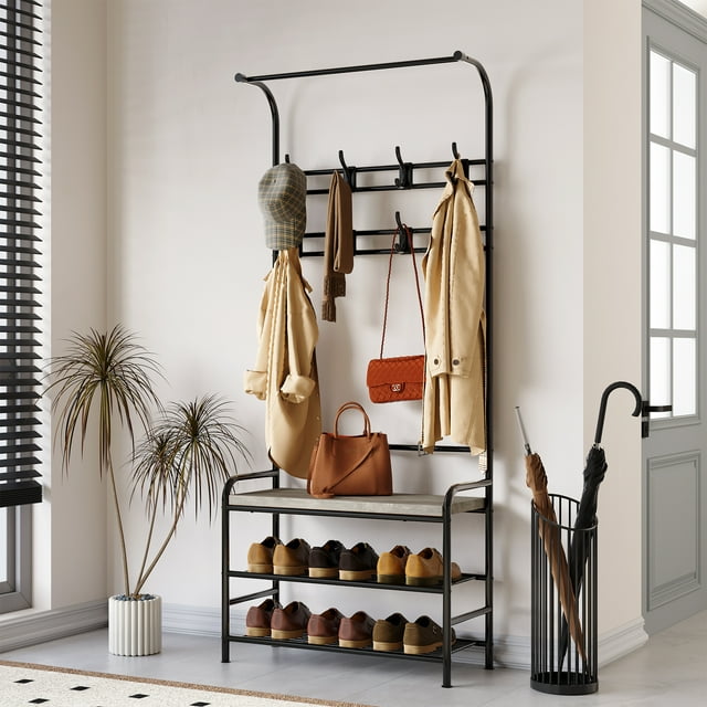 Bingirl Hall Tree Storage Bench for Entryway, Coat Rack Shoe Bench with Storage Drawer, 5-in-1 Coat Rack Storage Shelf and 8 Hooks, Coat Tree