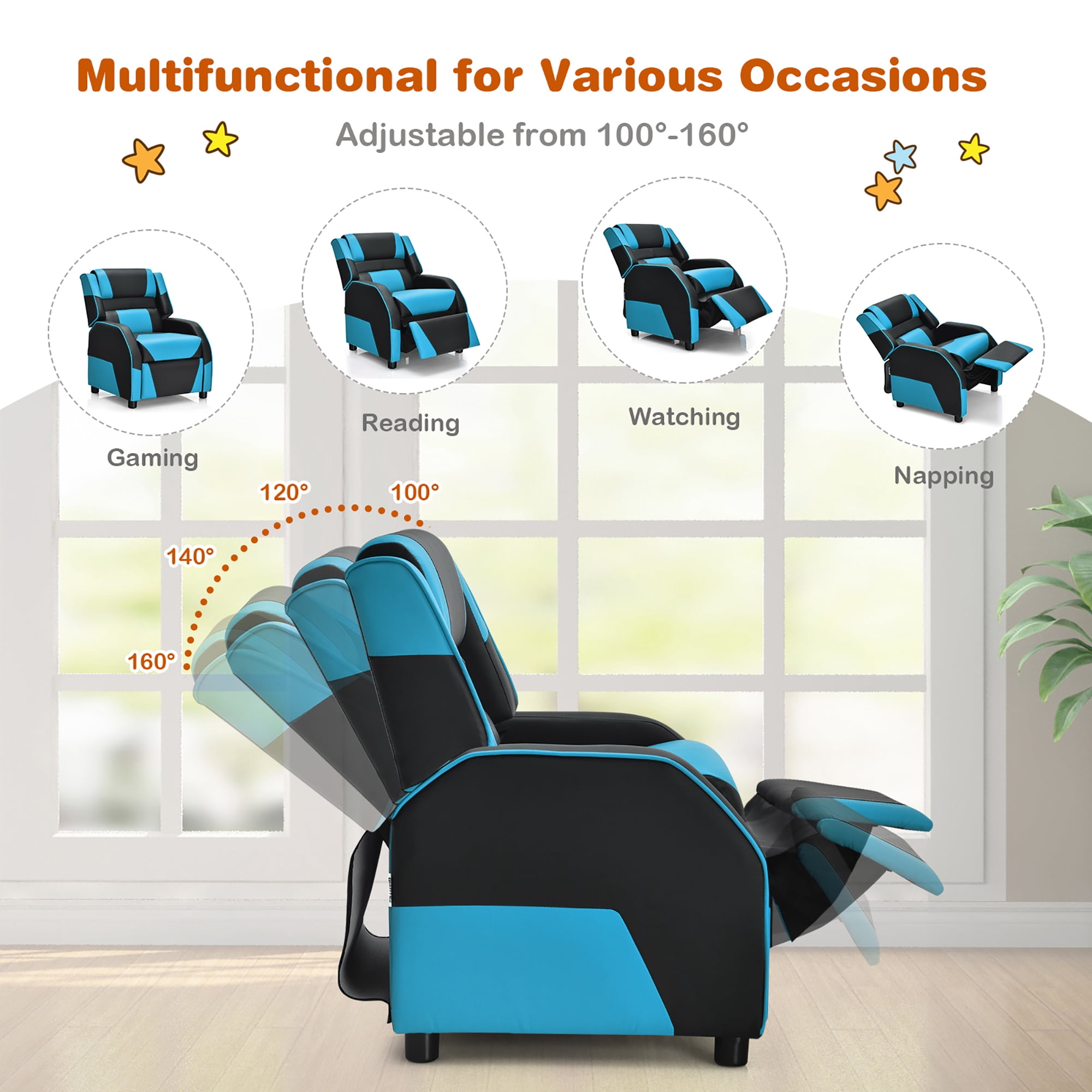 Costway Kids Youth Gaming Sofa Recliner w/Headrest & Footrest PU Leather Blue