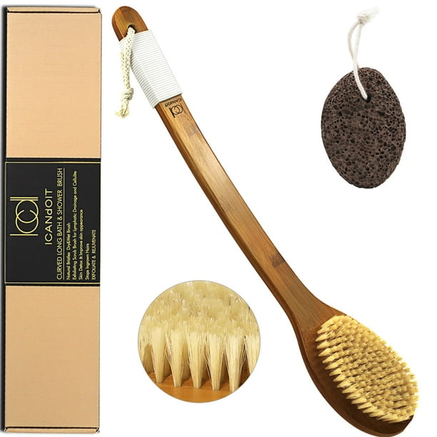 ICANdOIT-Cerdas de jabalí naturales de 17.71 pulgadas, cepillo de baño antideslizante con mango largo, mango doblado, cepillo de ducha para exfoliar la espalda, juego de exfoliación con piedra pómez (