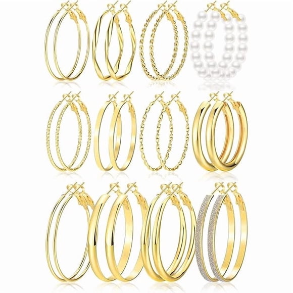 ccwmincc Gold Hoop Earrings Set for Women, 12 Pairs Hypoallergenic Large/Big Thin Thick Gold Hoops Earrings Loop Pack for Jewelry Gift 40mm/50mm