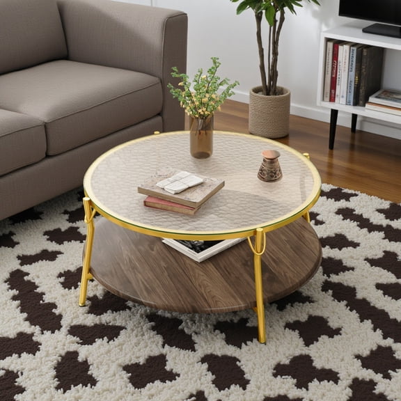GZXS 2-Tier Round Coffee Table, 29.9" Glass Top with Walnut Shelf and Gold Metal Legs, Stylish Center Table for Small Space