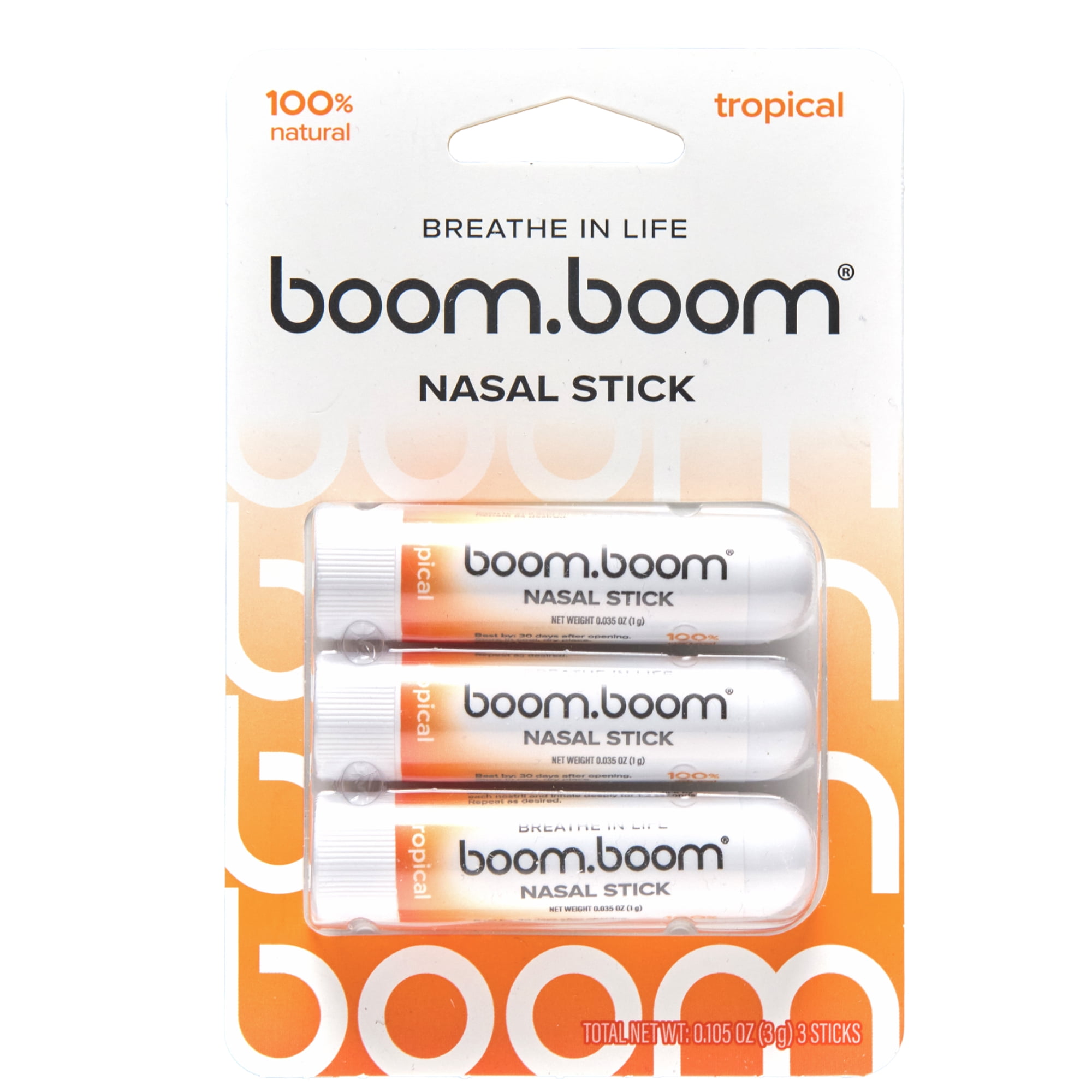 BoomBoom Nasal Stick (3-Pack) | Vapor Flow Technology™ | Cool Refreshing Sensation | Natural Mood Boost | Simple Ingredients | Essential Oils + Menthol Inhaler (Tropical)