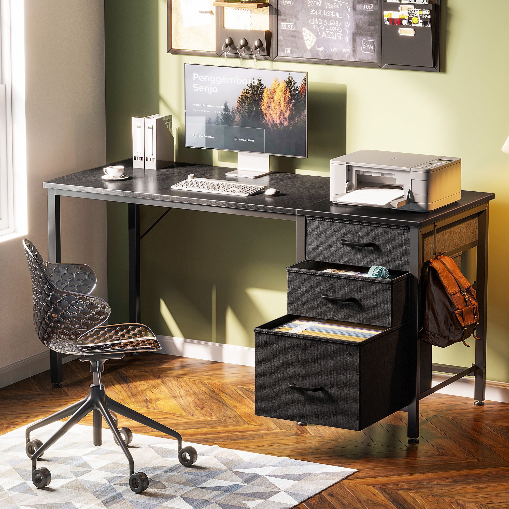 48 inch Computer Desk with 3 Fabric Drawers, Home Office Desk with File Cabinet, Writing Desk for Work and Study, Black