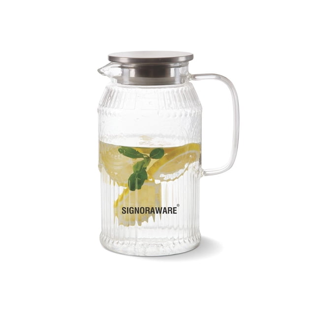 Jarra de vidrio borosilicato Signora Ware Magico de 1,6 litros con tapa de acero | Jarra grande con asa resistente para agua, zumos, té helado y leche (1600 ml, juego de 1, transparente | libre de BPA
