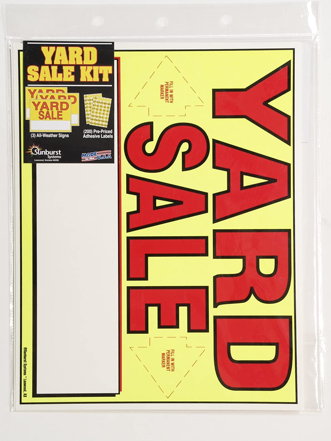 Sunburst Systems 4150 Yard Sale Kit Includes (3) All-Weather 11" H x 14" W  Yard Sale Signs with Blank Space to Write, (200) Pre-Priced Sticker Labels,  (10) Large Item Sale Tag Stickers -