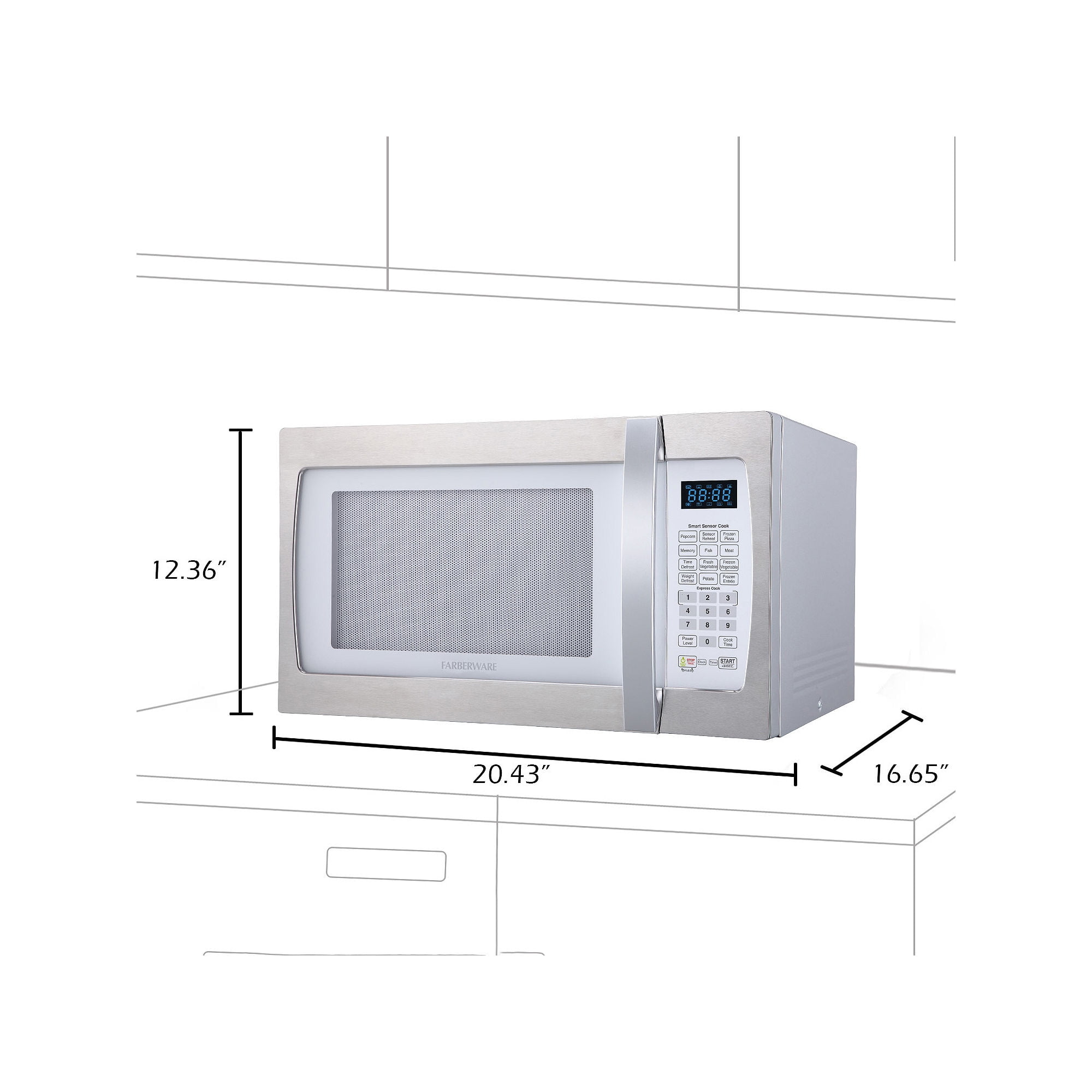 Farberware FMO13AHTPLE profesional microondas con sensor de cocción de 1.3  pies cuadrados, 1 100 watts, blanco/platinado, blanco/plateado