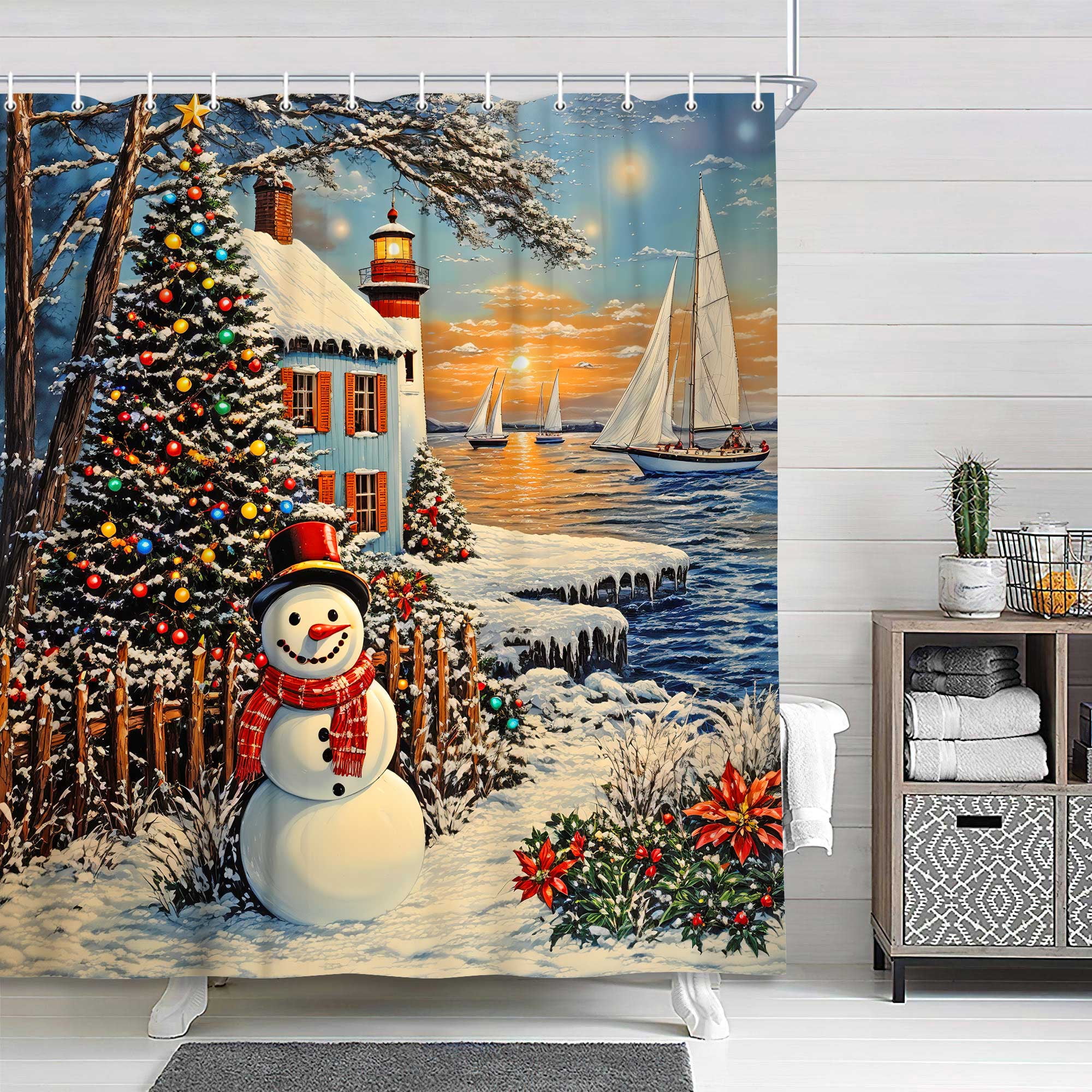 Christmas Lighthouse Shower Curtain, Snowman Snowy Xmas Trees Winter Ocean Coastal Scene Bath Curtain, Rustic Farmhouse Bathroom Accessories for Xmas Bathroom Curtain Liner Set with Hooks, 72X72in