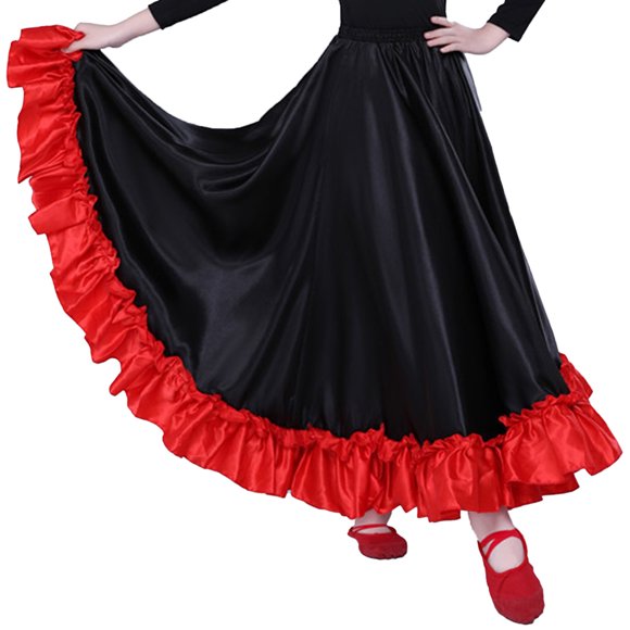 Alvivi Kids Girls Flamenco Dance Costume Full Circle Long Skirt Belly Dance Swing Dress Black 7-8