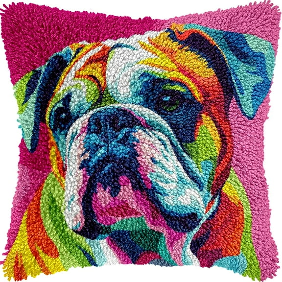 English Bulldog Latch Hook kits Pillow Colorful Printed Cushion Crochet Yarn Needlework DIY Hook Latch Kit Pillowcase Rug Cover Home Sofa Christmas Decoration 43x43cm(1)