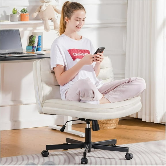 COMHOMA Armless Office Desk Chair, Criss Cross Chair with Wheels, Velvet Fabric Padded Cross Legged Office Chair, Wide Seat Adult Vanity Chair for Home Office , Beige
