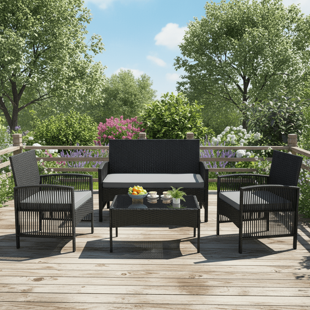 Outdoor Furniture Set, Segmart 4 Pieces Rattan Patio Sofa Set Cushioned Sofa & Charis, Deck Porch Poolside Furniture Conversation Set for 4 with Coffee Table, Gray