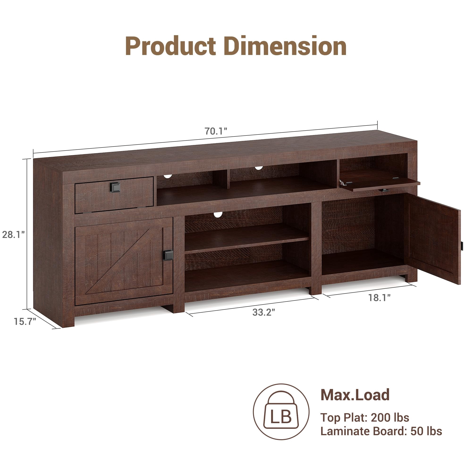 70-Inch Farmhouse TV Stand for TVs Up to 80", Entertainment Center with 4 Storage Drawers & 3 Open Shelves for Living Room-Brown