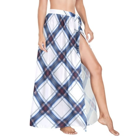 Women Sarong Wraps Checkered Plaid Pattern Swimsuit Beach Pareo Bikini Coverups Skirt M