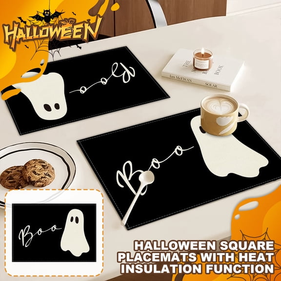 6-Piece Halloween Round Placemats Set, Cute Ghost Pumpkin Bat Theme, Waterproof Insulated Table Mats for Dining, Party Decor, Home Kitchen, Holiday Table Setting (6 Pack, Round, 35cm)