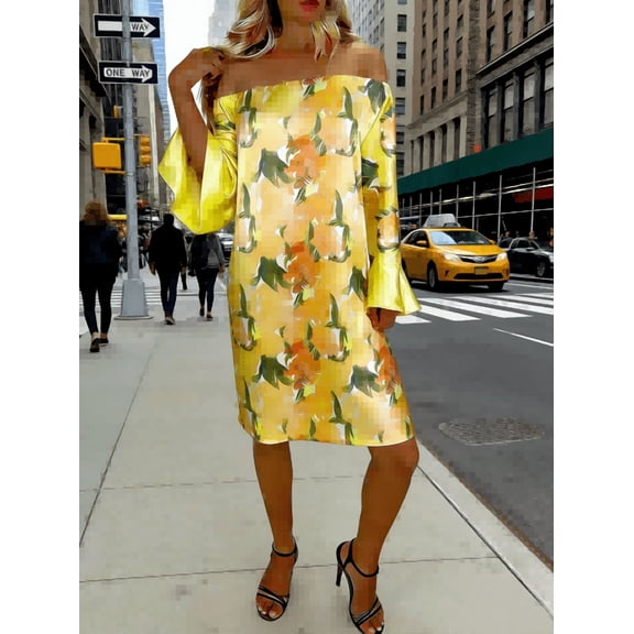 Gamivast Summer Dress for Women Off The Shoulder Vacation Dress Bell Sleeve Floral Dress Satin Feel Loose Fit Beach Wedding Guest Dresses