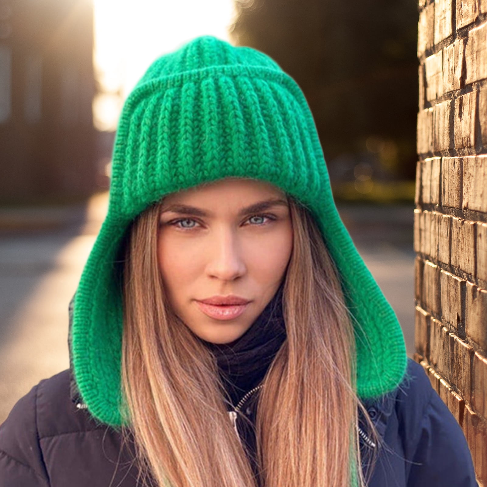 DGROEE Knitted No Brim Flanging Earflap Beanie Hat Thicken Winter Snow