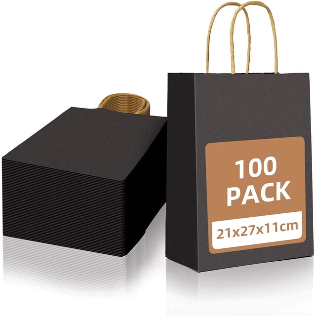 Bolsas de Regalo Kraft 100 Piezas, 27x21x11 cm, Asas Resistentes 3 kg, Para Mayoreo, Boutiques, Bodas, Cumpleaños, Posadas (Negro-b)