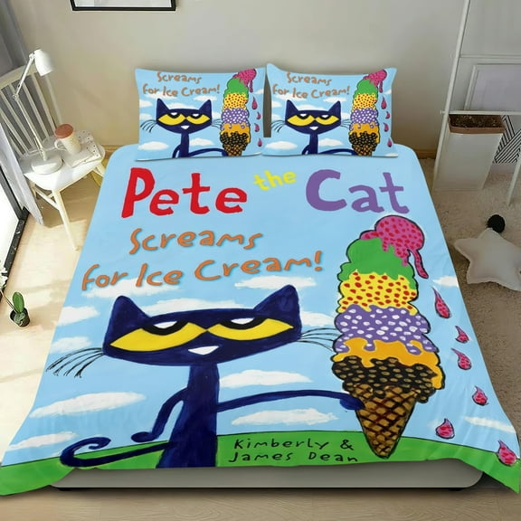 Bedding Set For Pete the Cat Comforter Cover Set Cute Duvet Cover Sets Super Soft For Teens Kids Bedroom Gifts,1 Duvet Cover with 2 Pillowcases Twin 3 Piece