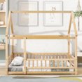 thumbnail image 3 of Modern Full Floor Bed with Wooden House Roof Frame, Floor Bed Frame with Safety Fence Guardrails, Floor Bed for Kids, Children, Boys, Girls, Natural, 3 of 9