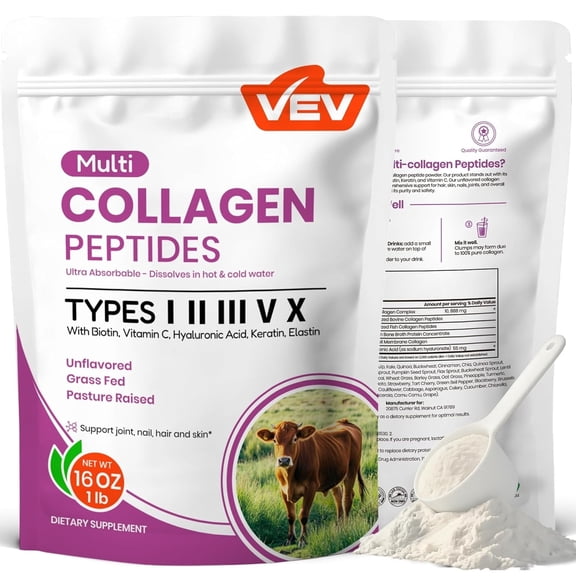 VEV Multi Collagen Peptides Powder, 5 Types of Hydrolyzed Collagen for Hair Skin Nail Support, 16 oz