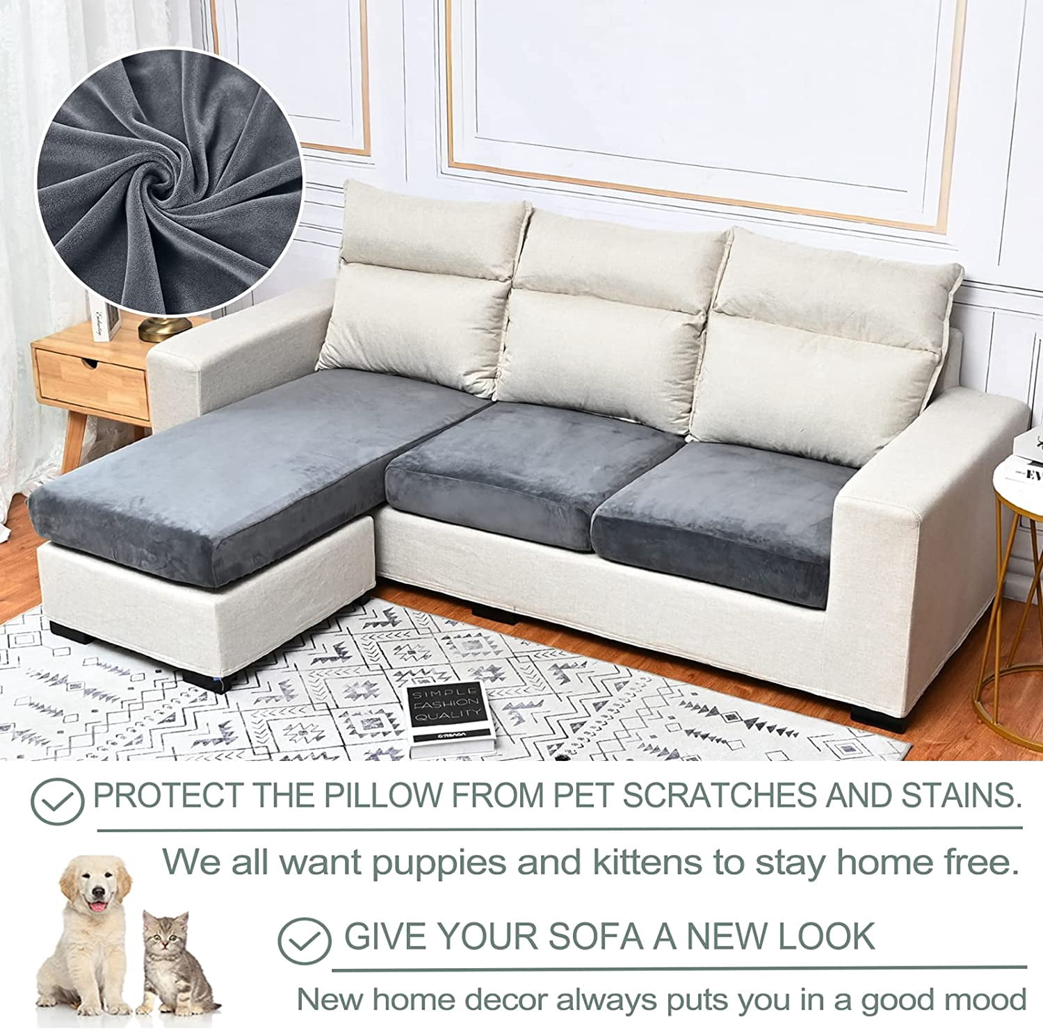 DONGPAI Stretch Velvet Couch Cushion Covers for Sectional Sofa L Shape, Sofa Couch Soft Seat Slipcover, Dark Gray(for 4 Cushions,1 Piece)