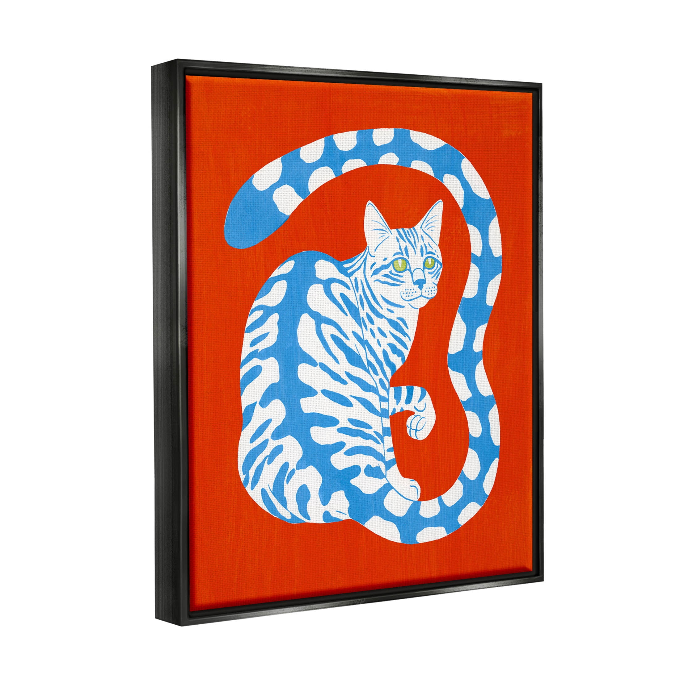 Stupell Industries Bold Blue Striped Curved Cat Tail Graphic Art Jet Black Floating Framed Canvas Print Wall Art, Design by Grace Popp