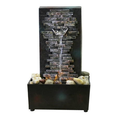 Natural Slate Water Wall - Nature's Mark Slate Brick Wall LED Relaxation Water Fountain with Authentic River Rocks