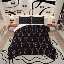 Manfei Black Pink Bowknot Bedding Comforter Set for Kids, Cute Princess Bow Twin Comforter Sets, Kawaii Cartoon Bow-tie Reversible Bedding Set, Super Cozy Room Decor, 2pcs