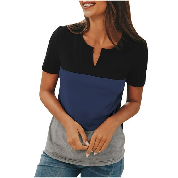 Mittory Women's Color Block Short Sleeve T Shirts Casual V Neck Tops Basic Summer Loose Fit Tees