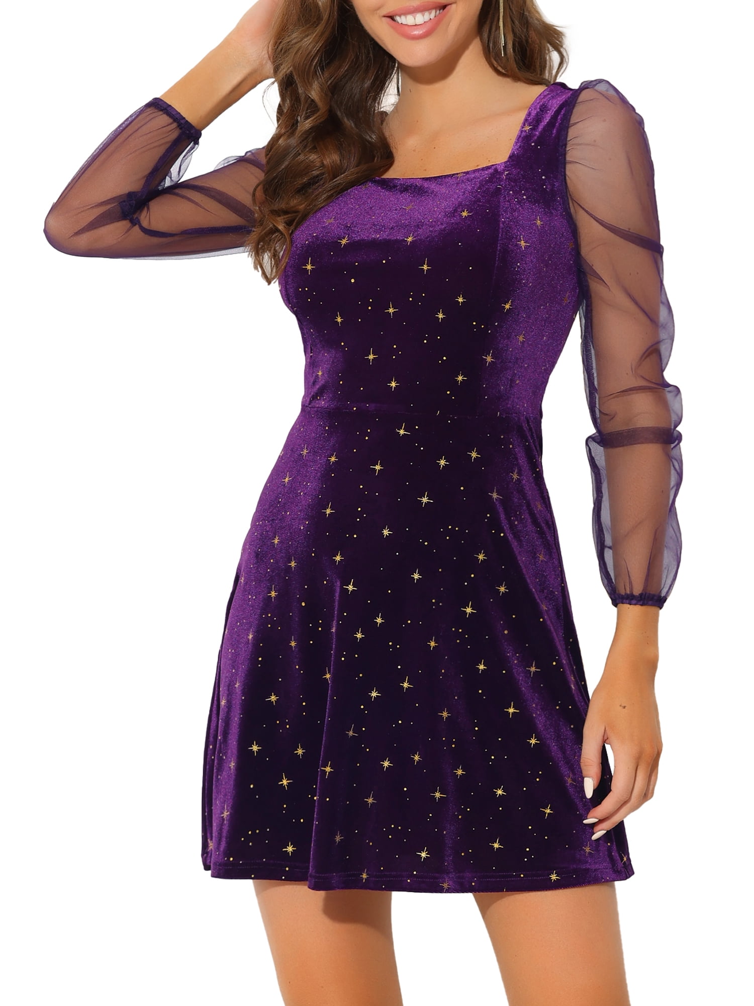DARING DIVA Square Neck Mesh Sheer Sleeve Glitter Star Velvet Mini Dress XL Purple