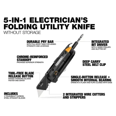 Electrician's Folding Utility Knife With Bit Driver Pry Bar Hand Tools